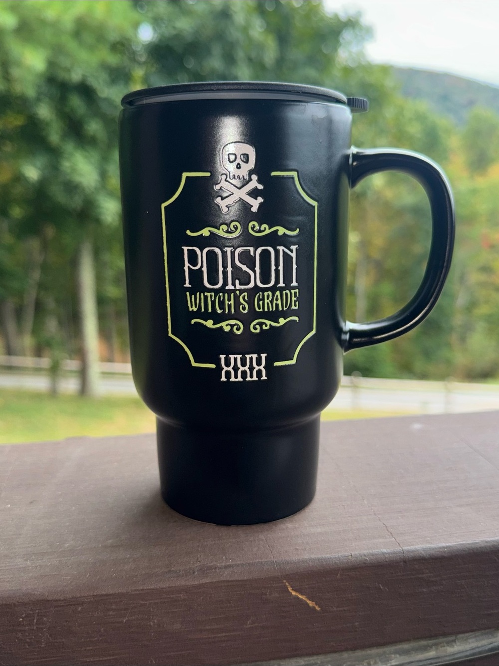 Halloween ceramic travel mug with lid. Poison, witches grade, skull & crossbones